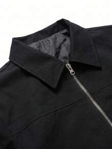 Men's Pure Black Lapel Zipper Jacket, Minimalist Style Elastic Cuff Casual Outerwear, Suitable For Spring And Autumn Daily Wear - Black - View 6