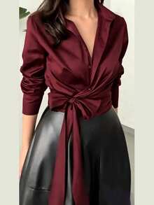 Women's Elegant Elegant Lapel Long Sleeve Tie Waist Satin Blouse, Solid Color Front Button Closure, Suitable For Commute, Daily Wear And Dating - Burgundy - View 7