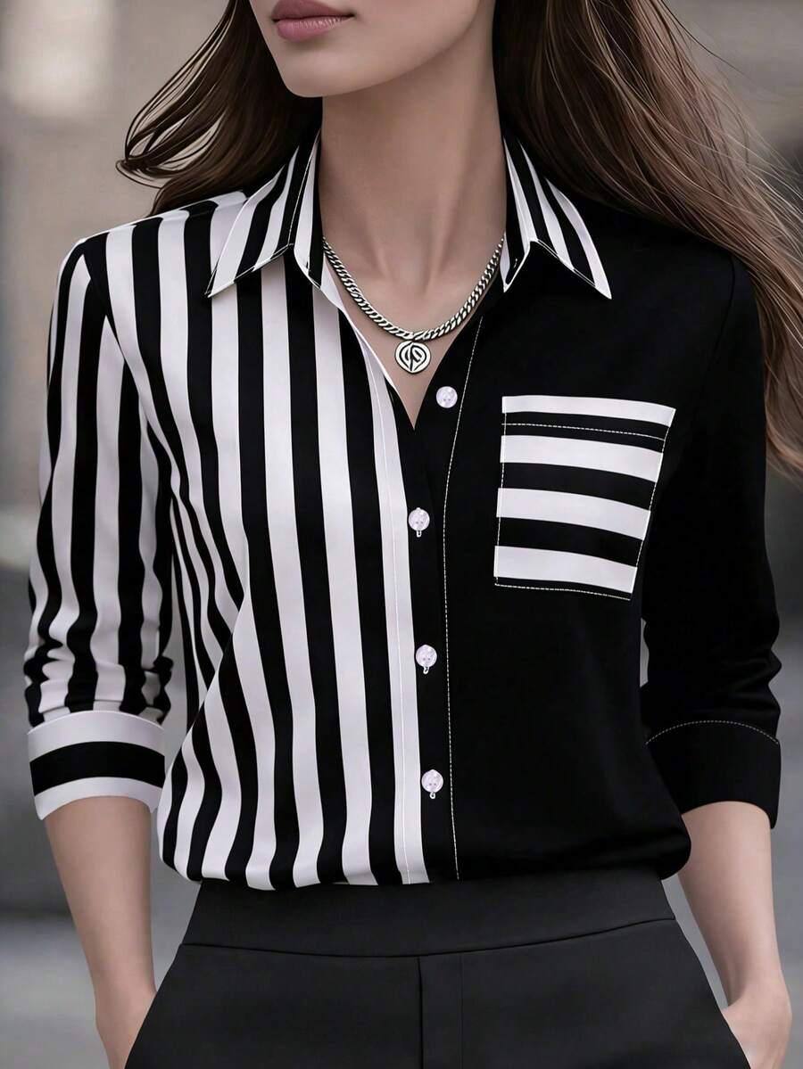 New Arrival Fashion Women's Printed Patchwork Colorblock Pocket Button Shirt Black - Black - View 1