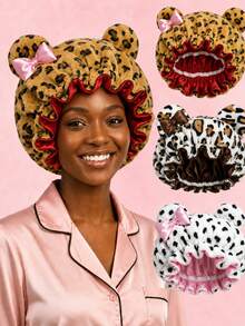 CONFLASS Leopard Print Plush 3D Cat Ear Bow Headband Hat, Quick-Dry Soft Sleep Cap, Suitable For Daily Nighttime Hair Care - Leopard Print - View 10