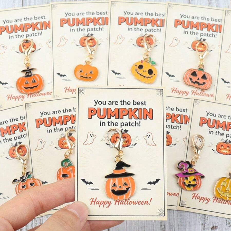 12pcs Halloween Pumpkin Keychain, Funny Jack‑O‑Lantern Charm With Card, You Are The Best Pumpkin In The Patch Keepsake Bag Pendant Holiday Gift