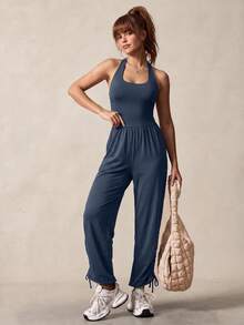 New Spring/Summer Sexy Backless Yoga Jumpsuit, Tie-Up Design, Breathable & Skin-Friendly Outdoor Sports Fitness Set - Navy Blue - View 4