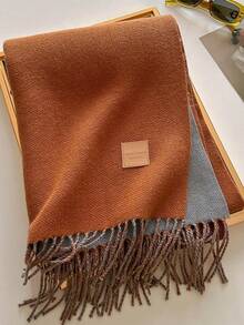 1pc Solid Color Faux Leather Label Tasseled Thick Scarf 65*190cm, Polyester Wool Blend, Fall Winter Shawl For Travel Party Outing, Wear As Scarf Shawl - Multicolor - View 43