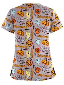 Women's Halloween Print Dental Scrub Top V-Neck Short Sleeve Nursing Shirt - Multicolor - View 2