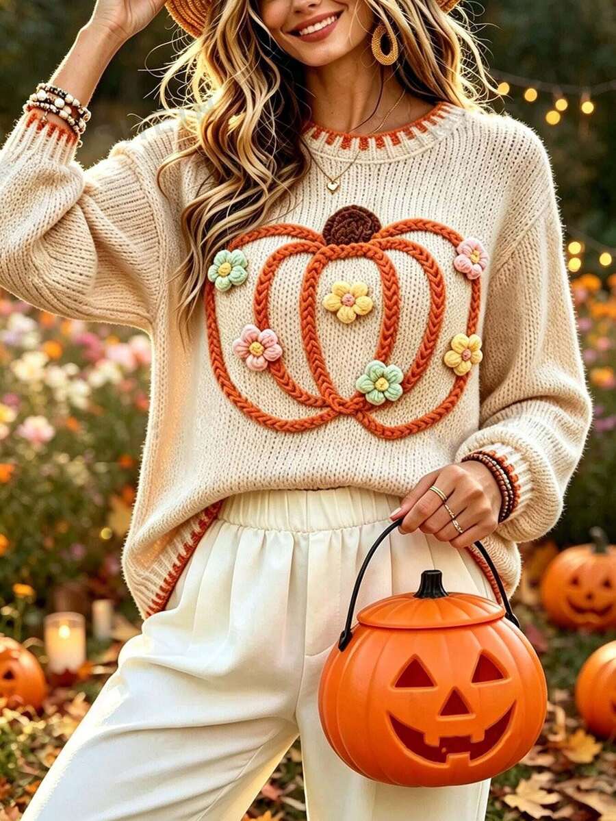 Sweater Rajut Leher Bulat Motif Bunga Kasual Blok Warna Ukuran Plus - Aprikot - View 1