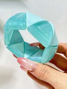 Y2K Dopamine Style Stretchable Resin Wide Bracelet, Geometric Triangle Patchwork Glitter Contrast Color Macaron Candy Tone Elastic Bangle, Casual Party Layered Decorative Hand Accessory For Girls - Multicolor - View 13