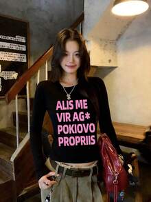 New Black Short Long Sleeve T-Shirt Women Y2K Generation Fun Pink English Print Spring Autumn Korean Style Crew Neck Versatile Casual Slim Fit Top - Black - View 5