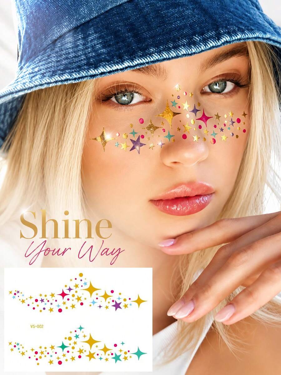 Colorful Metallic Star Face Temporary Tattoos For Women, Gold Foil Rainbow Star & Sparkle Tattoo Stickers, Waterproof Long-Lasting Face & Body Art For Festivals, Concerts, Raves, Parties, Makeup & Holiday Looks - Multicolor - View 1