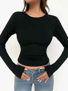 Basic Solid Color Long Sleeve T-Shirt, Short Slim Fit, Essential Casual Black Item For Autumn/Winter - Black - View 7