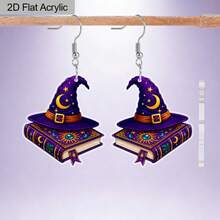 1 par de pendientes colgantes de acrílico con diseño de sombrero mágico de Halloween, diseño plano 2D, aptos para uso diario, fiesta y regalo de vacaciones - Morado - Ver 3