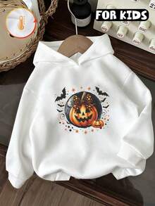 Kids Hooded Sweatshirt, Pumpkin Leopard Bow Moon Bat Star Graphic Print Cotton Pullover For Kids - White - View 2