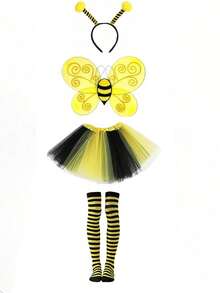 4pcs Cute Bee Costume Set: Bee Striped Dress + Headband + Bee Wings + Striped Socks, Perfect For Carnival, Festivals, Parties And Role Play, Halloween Cosplay - Multicolor - View 4