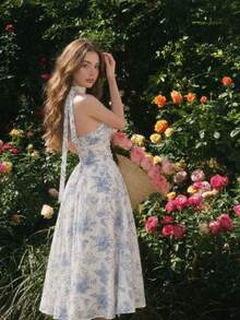 Women Midi Dresses - Blue and White - View 2