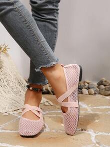 Women's Pink Square Toe Hollow Mesh Mary Jane Shoes, Low Vamp, Breathable, Cross Strap, Gentle Style, Flat Ballet Shoes - Pink - View 4