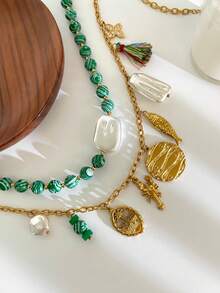 1pc Autumn/Winter New Chinese Style Green Bead Natural Stone Beaded Necklace, Stainless Steel Round Fish Pearl Multi-Pendant 18K Gold Waterproof Non-Fading Elegant Women's Fashion Layered Necklace, Suitable For Women's Daily Wear - Multicolor - View 7