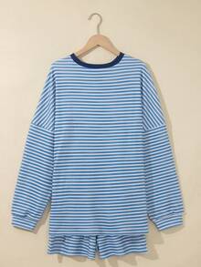 Acelitt Spring/Autumn Casual Striped Print Loose Round Neck Top And Shorts Set, Soft Knit, Suitable For Daily Home Wear - Sky Blue - View 4