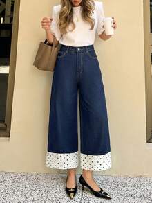 Vintage Dark Blue Mid-High Waist Wide Leg Jeans For Women, Polka Dot Print Patchwork Hem Loose Straight Leg Contrast Color Design Denim Pants - Dark Wash - View 7