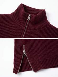 Wixra Women Oversized Half‑Zip Lapel Ribbed Knit Sweater Drop Shoulder Long Sleeve Casual Pullover Top - Burgundy - View 7