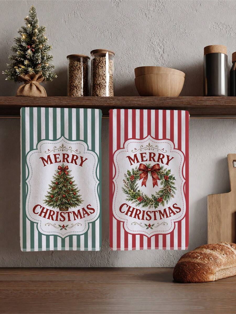 2pcs Red & Green Striped Classic Christmas Wreath & Christmas Tree Pattern Kitchen Towels, 40*60cm Soft Microfiber Tea Towels, Suitable For Home Kitchen, Restaurant, Outdoor Camping, Tabletop Cleaning, Dish Towel, Hand Towel, Christmas Theme Kitchen Towels, Holiday Gift - Multicolor - View 1