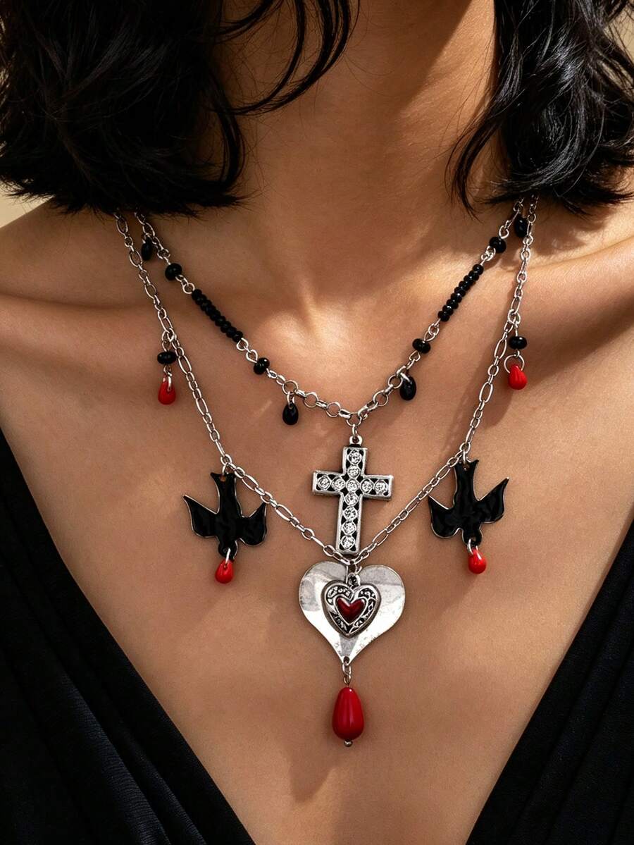 2pcs/Set Sweet Cool Punk Multi-Layer Necklace With Cross, Heart And Bird Pendant, Black And Red Contrast Color Layered Collarbone Chain Accessory - Black and Red - View 1