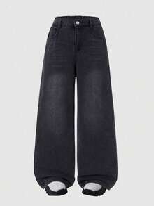Teen Girl Casual Versatile Daily Wear Denim Jeans With Pockets And Buttons - Black - View 3