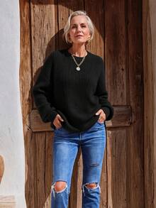 NZZOF French Style Round Neck Solid Color Ribbed Knit Drop Shoulder Pullover Sweater, Autumn/Winter - Black - View 6