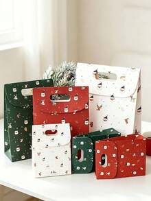 1/4pcs Christmas Gift Bags, Snowman, Reindeer And Tree Pattern Design, Red White Green Color Scheme, Suitable For Christmas, Thanksgiving, Birthday, Wedding And Other Holiday Party Gift Bags - Multicolor - View 2