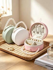 1pc Portable Round Jewelry Box With Pearl Handle, PU Leather Mini Jewelry Organizer, Divided Soft Lining Storage Box, Scratch-Resistant Travel Jewelry Case, Compact Storage For Rings, Earrings, Necklaces, Ideal Gift For Women - Multicolor - View 2