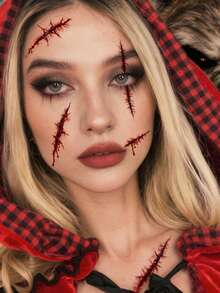 4pcs Halloween Temporary Scar Tattoos, Fake Halloween Scars, Fake Tattoos For Stitched Wounds, Waterproof Tattoo Stickers, Perfect For Costume Parties And Pranks. - Red - View 4
