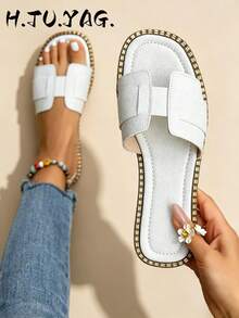 Korean Style Casual Flat Slippers, Holiday Essential, Open Toe Woven Roman Sandals For Summer, Fashion Slip-On Sandals For Women To Wear With Dresses - White - View 1