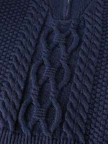 Tween Girls' European Style Solid Color Cable Knit Half-Zip Short Sweater, Pullover Long Sleeve Knit Top, Suitable For Casual Daily Wear In Spring, Autumn And Winter - Navy Blue - View 6