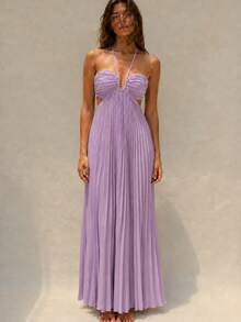 Women's Light Purple Pleated Spaghetti Strap Dress, Ruched Bust Open Back Flowy Summer Dress Elegant - Mauve Purple - View 3