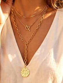 3pcs Simple Fashion Chunky Chain Y-Shaped Seal Disc Necklace Set, Women's Vacation, Date, Gift, Daily Casual, Party, Wedding Matching - Yellow Gold - View 2