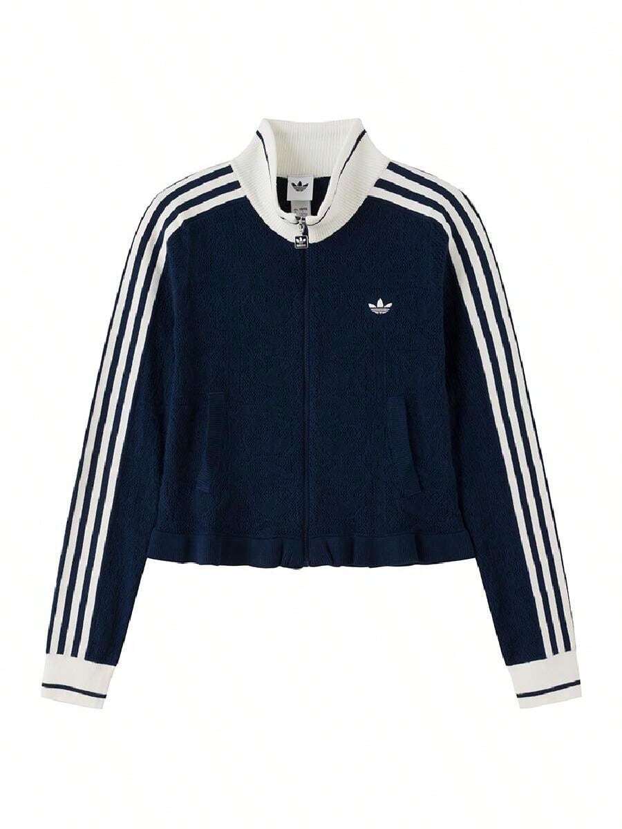 Adidas Women's Sports TT W Outdoor Travel Ruffle Collar Knit Jacket KX6883 - Deep Indigo/Han Jade White - View 1