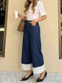 Vintage Dark Blue Mid-High Waist Wide Leg Jeans For Women, Polka Dot Print Patchwork Hem Loose Straight Leg Contrast Color Design Denim Pants - Dark Wash - View 5