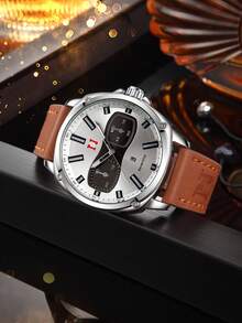 Never-Stop Men's Quartz Watch Round Color-Block Multifunction Chronograph Dial Stitched Embossed Leather Strap Workwear Men's Watch Multi-Color Options Daily Versatile Holiday Gift - one-size - View 14