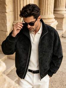 Men's Autumn/Winter Fashion Casual Faux Suede Jacket, Minimalist Versatile Lapel Jacket Outerwear - Black - View 2