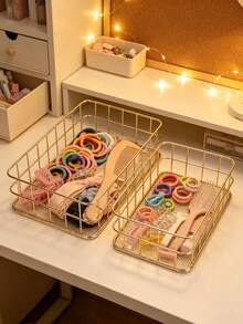 1pc Nordic Metal Wire Storage Basket, Gold & Rose Gold Desktop Organizer Tray, Vanity Makeup Cosmetic Sundries Storage Holder - Multicolor - View 10