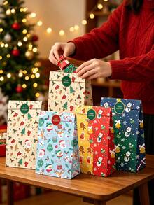 Christmas Gift Bags, Gift Wrapping Bags, Santa Claus Flat Paper Bags, Christmas Eve Gift Wrapping Bags - Multicolor - View 1