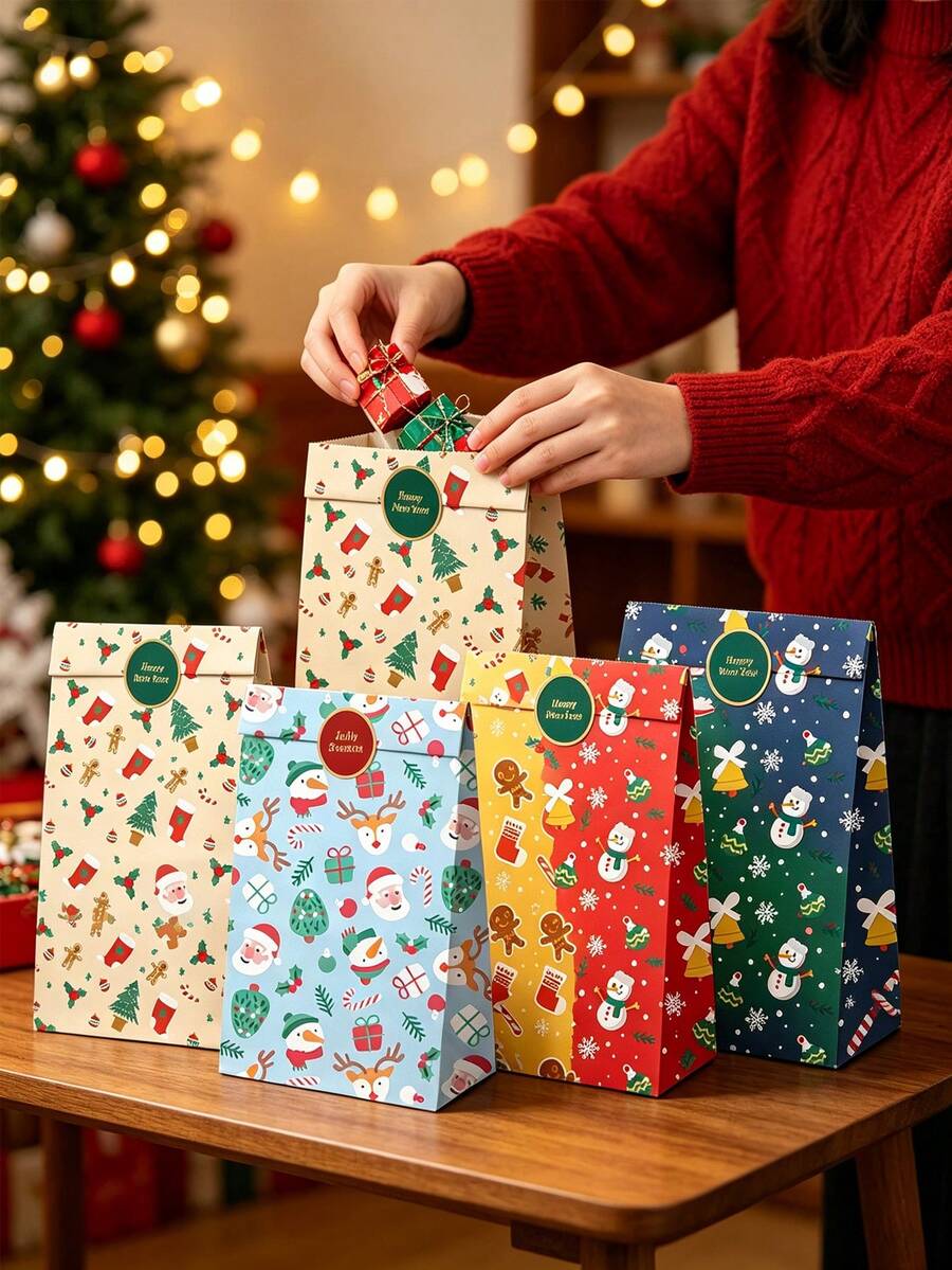 Christmas Gift Bags, Gift Wrapping Bags, Santa Claus Flat Paper Bags, Christmas Eve Gift Wrapping Bags - Multicolor - View 1