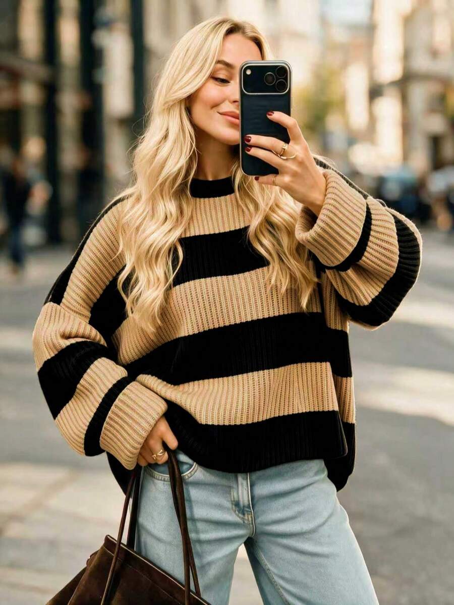 Women's Plus Size Striped Knit Pullover Sweater, Loose Long Sleeve Drop Shoulder Ribbed Crew Neck Top, Autumn Essential - Black and Khaki - View 1
