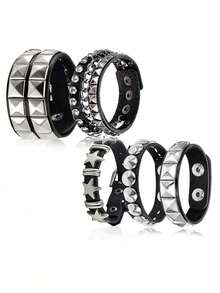 Xiacheng 1Set Punk Rock Studded Bracelet, Biker Cuff | Black Leather, Adjustable Leather Cuff,Y2K Gothic Punk Rock, Wrap Bangle, Snap Button For Halloween - Multicolor - View 1