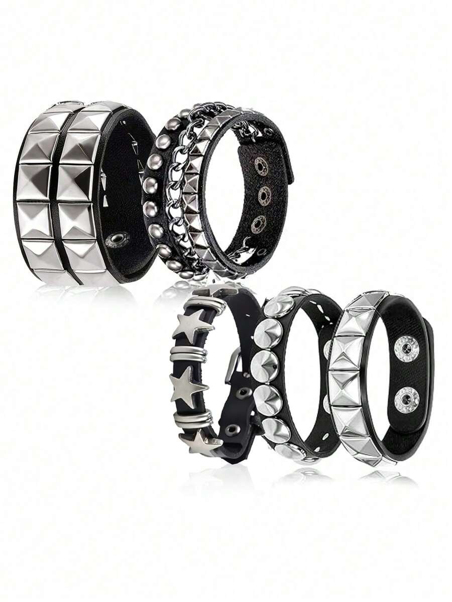 Xiacheng 1Set Punk Rock Studded Bracelet, Biker Cuff | Black Leather, Adjustable Leather Cuff,Y2K Gothic Punk Rock, Wrap Bangle, Snap Button For Halloween - Multicolor - View 1