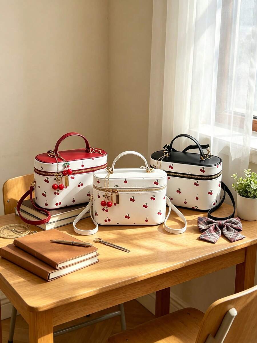 This Stylish And Sweet Cherry-Patterned Tote Bag Is An Ideal Gift For Teenagers, Suitable For Outdoor Activities, Playtime, Or Commuting. - Multicolor - View 1