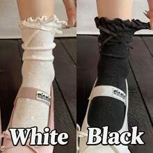 Sweet Polka Dot Mid-Calf Socks, Ruffle Cuff Satin Bow Decorated Slouch Socks, Spring/Summer Thin Breathable Cotton Socks, Korean Ballet Style Girl Socks, Macaron Sweet Girl Style, Suitable For Mary Jane Flat Leather Shoes - Multicolor - View 14