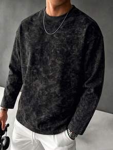 Men's Spring/Autumn Fashion Versatile Minimalist Mask & Brain Print Round Neck Faux Washed Long Sleeve T-Shirt - Black - View 2