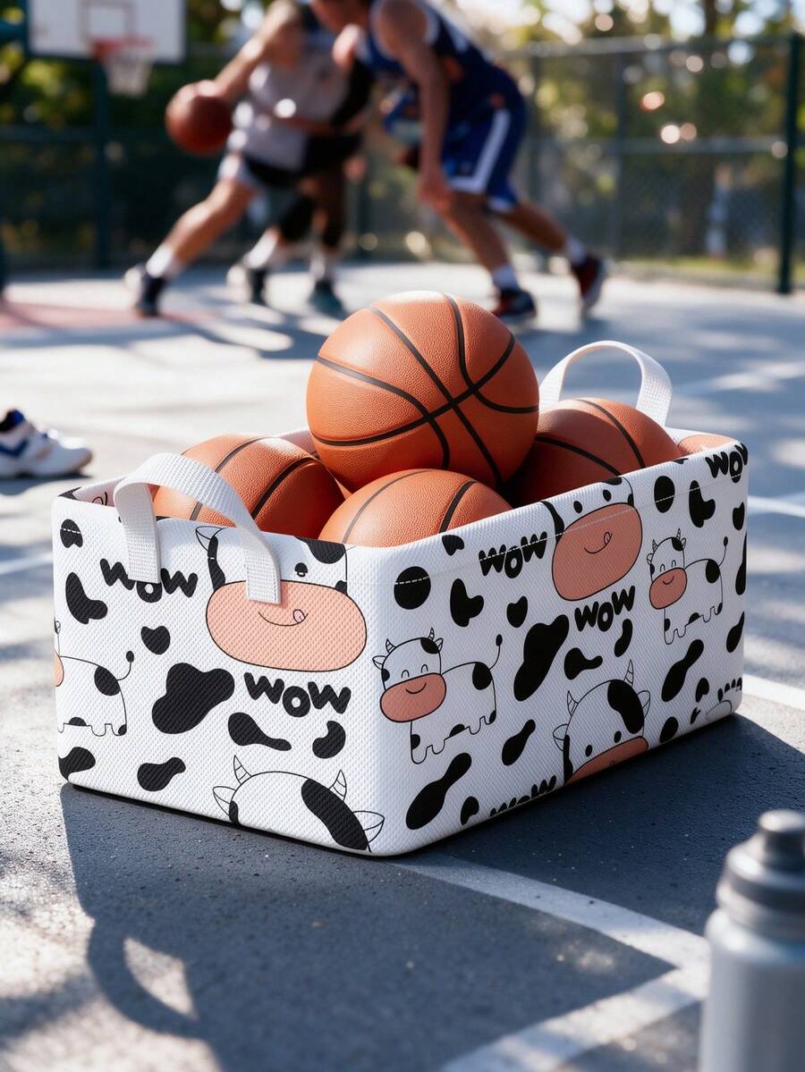 1PC Cow‑Print Fabric Storage Basket With Tall Reinforced Handles, Steel Frame Deep Closet Organizer Bin, Collapsible Storage Box For Clothes Yoga Sports Equipment, Waterproof Heavy‑Duty Storage Container For Bedroom Home Gym Living Room - Multicolor - View 1