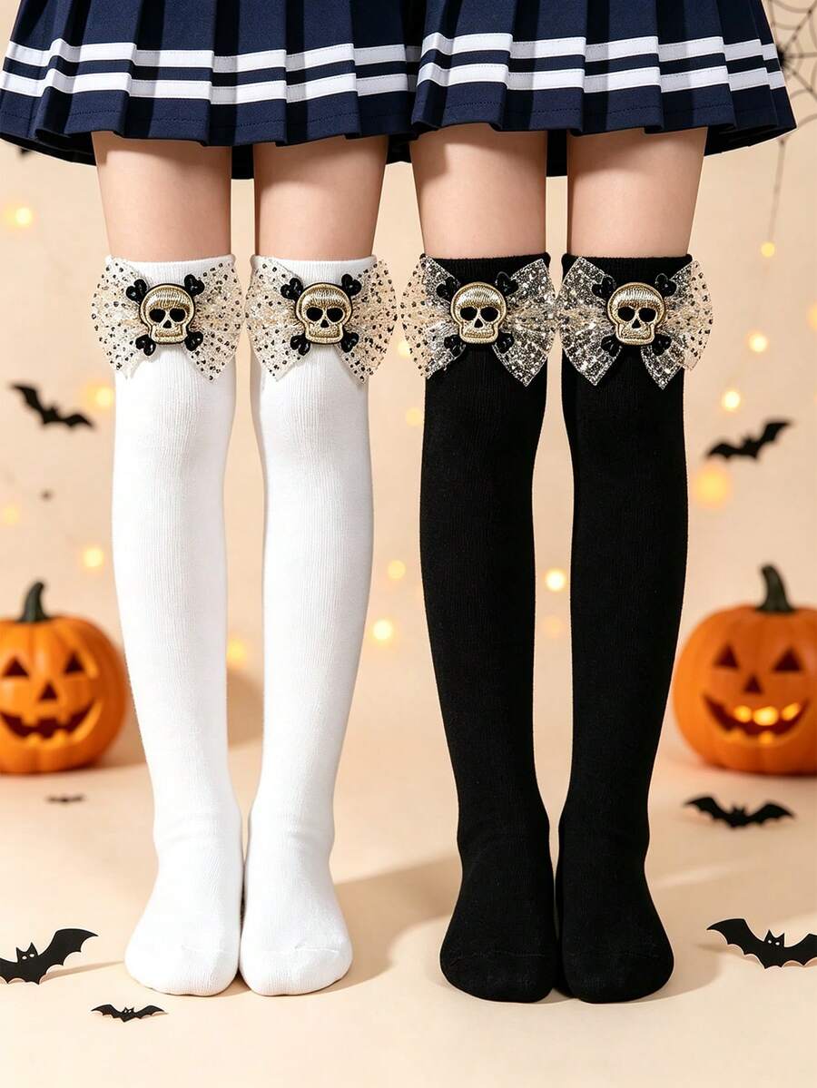 2 Pairs Girls Halloween Skeleton Bow Decor Over Knee Socks, Black & White Cos Party Costume High Tube Socks - Multicolor - View 1