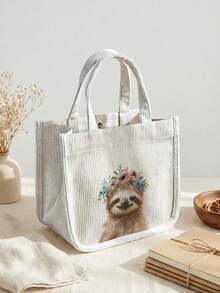 1pc Cartoon Animal Print Corduroy Tote Bag, Snap Button Closure Cute Handbag, Reusable Lunch Tote Bag For Student School Daily Outdoor Shopping Use - Multicolor - View 13