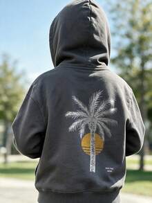 Young Boy Palm Tree Sunset Graphic Print Hoodie, Casual Long Sleeve Pullover Sweatshirt For Kids - Dark Grey - View 8